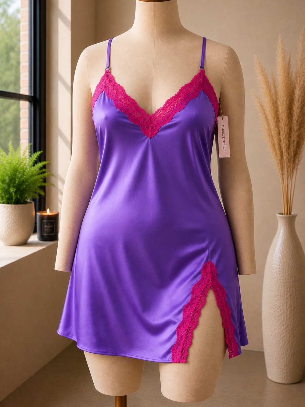 Victoria’s Secret Satin Lace Trim Slip Dress XXL Purple Pink NWT